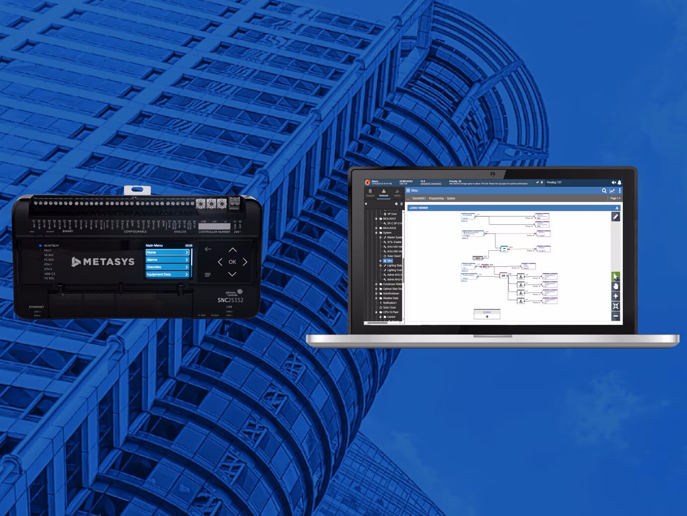 A laptop screen displaying the new UI features of the Metasys interface alongside a Metasys controller
