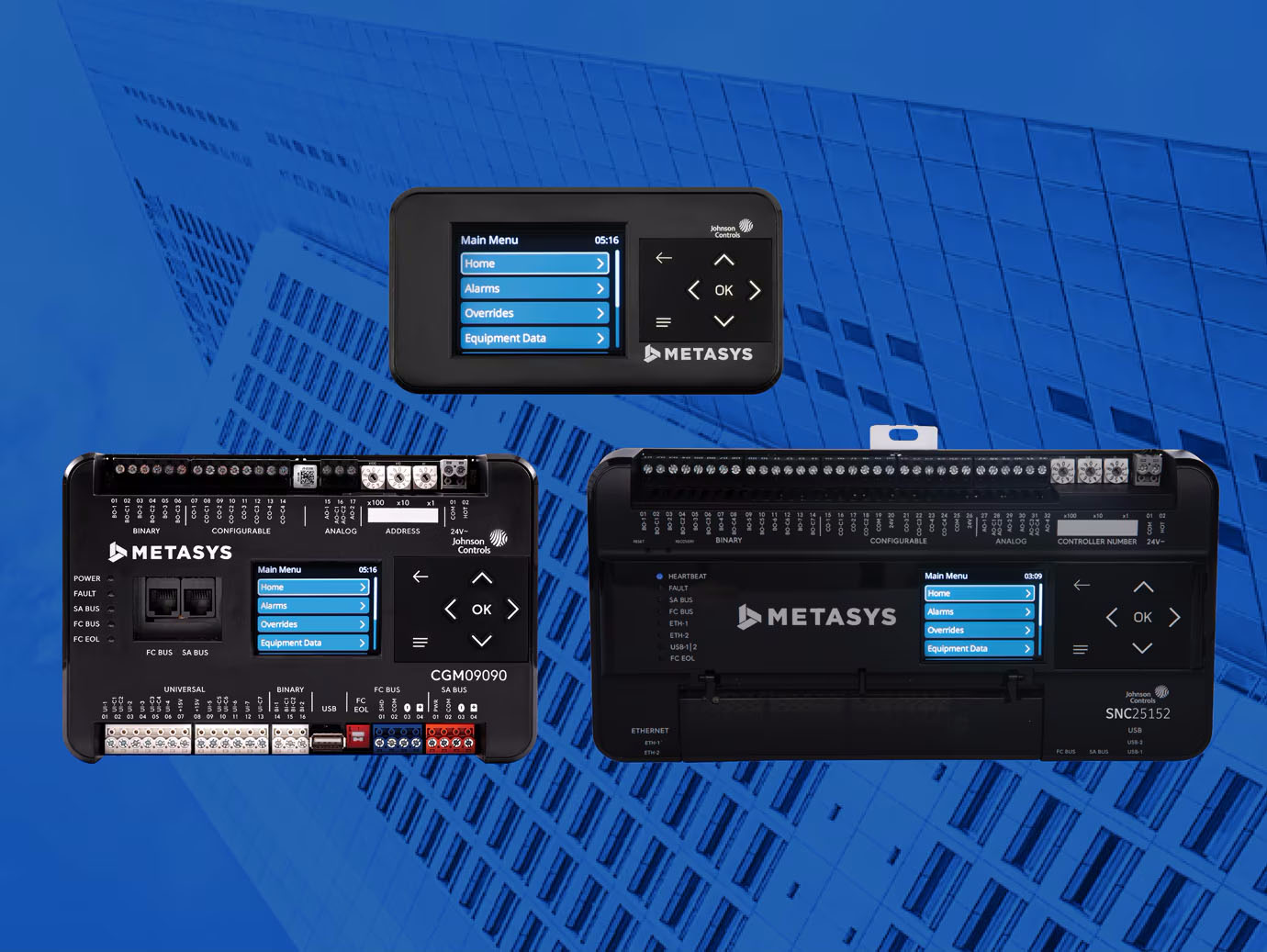 Metasys controllers and network engine display models overlaid on an image of a high-rise building
