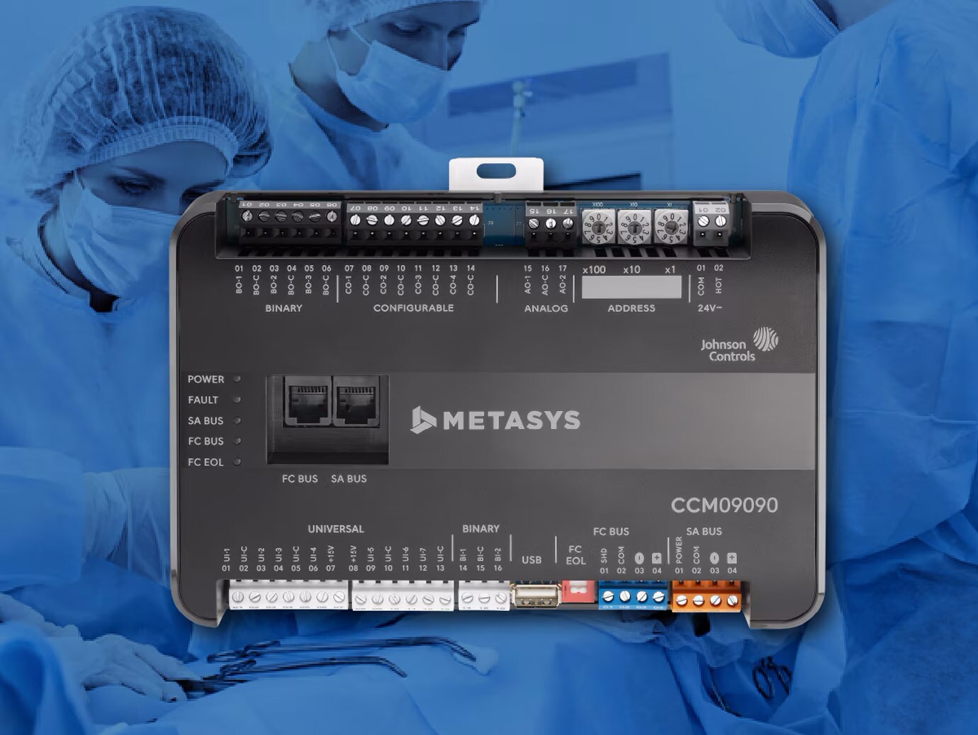 A Metasys Critical Environment Controller overlaid on an image of an operation theatre