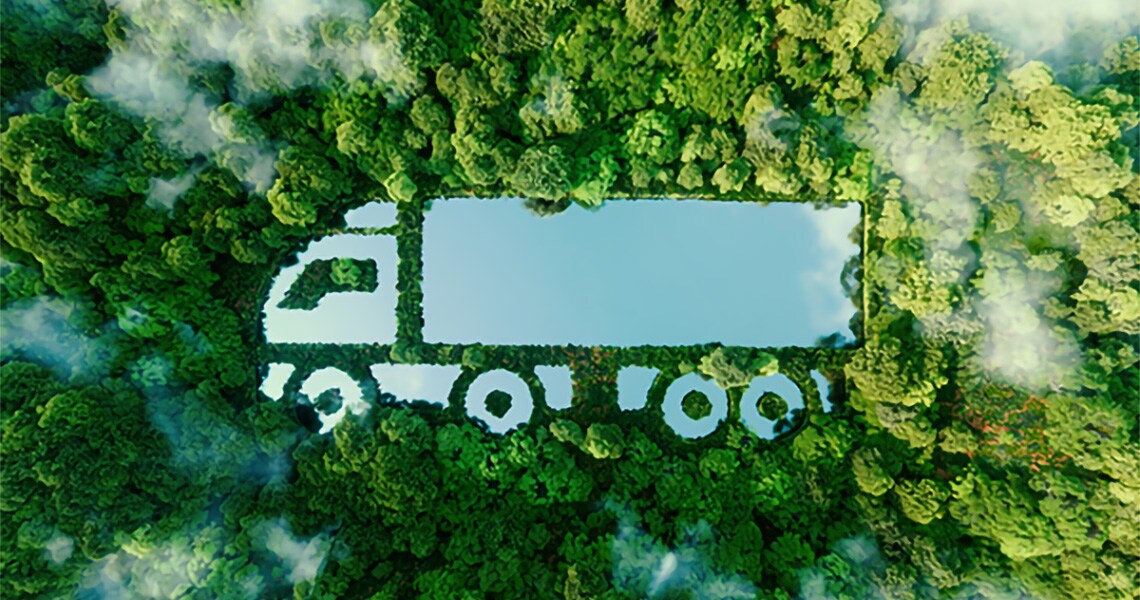 Aerial view of a forest, with water bodies approximating the shape of a truck in the middle
