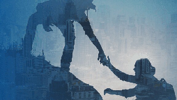 A hiker helping a fellow hiker climb up a slope, overlaid with OpenBlue graphics