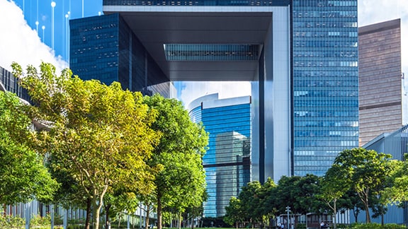 A building with a glass arch
