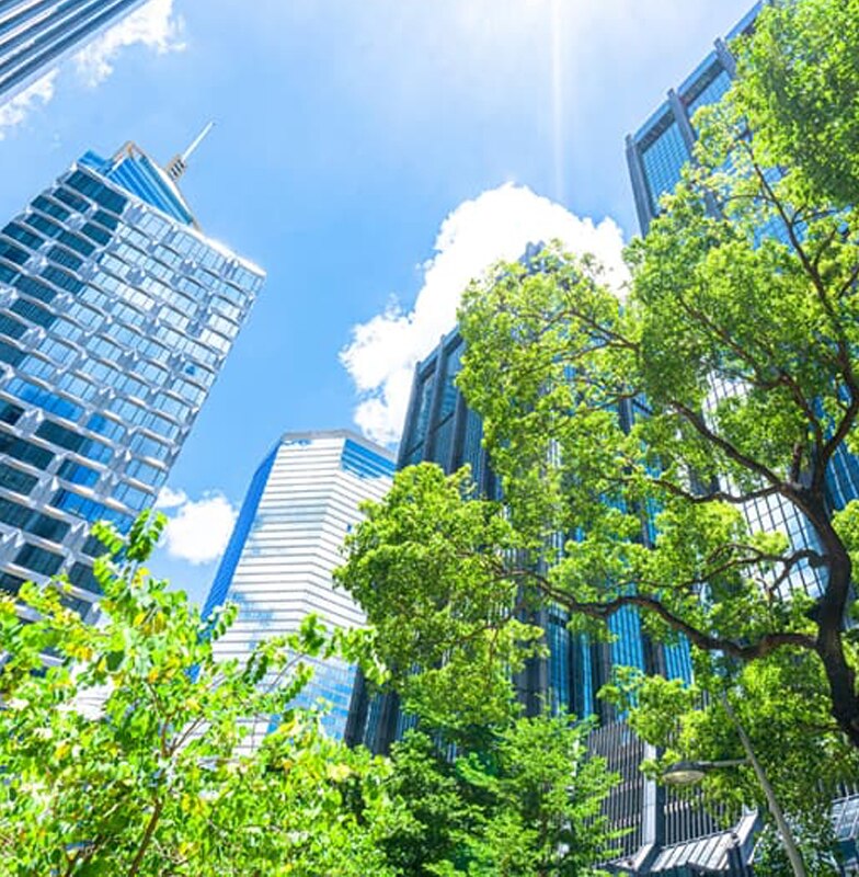 Modern office buildings surrounded by green trees