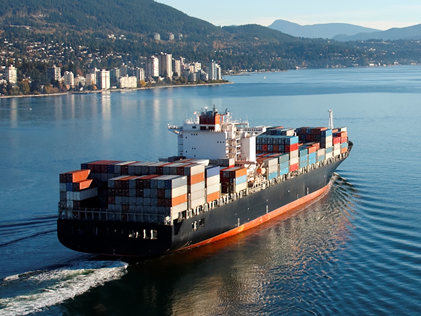 A full cargo ship sailing in the sea
