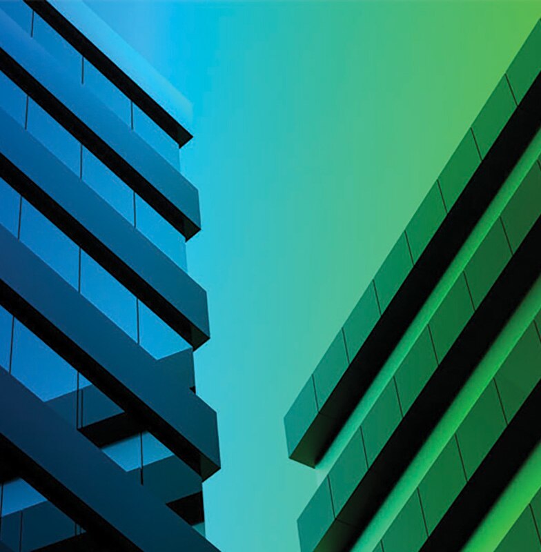 Two corporate buildings, overlaid with a blue-green gradient